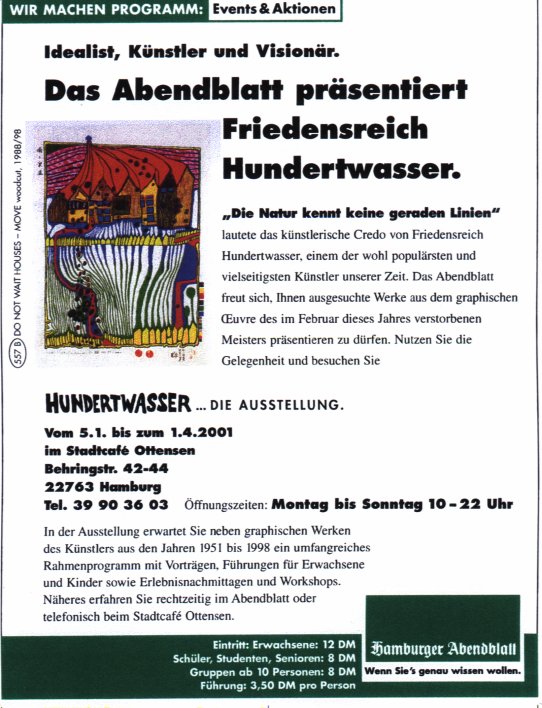 Anzeige Hundertwasser-Ausstellung im 
Hamburger Abendblatt Nr. 299/51 vom 22.12.2000 Seite 28