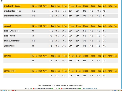 Verleihpreise Snowboards, Langlauf, Schneeschuhe am Riepenlift